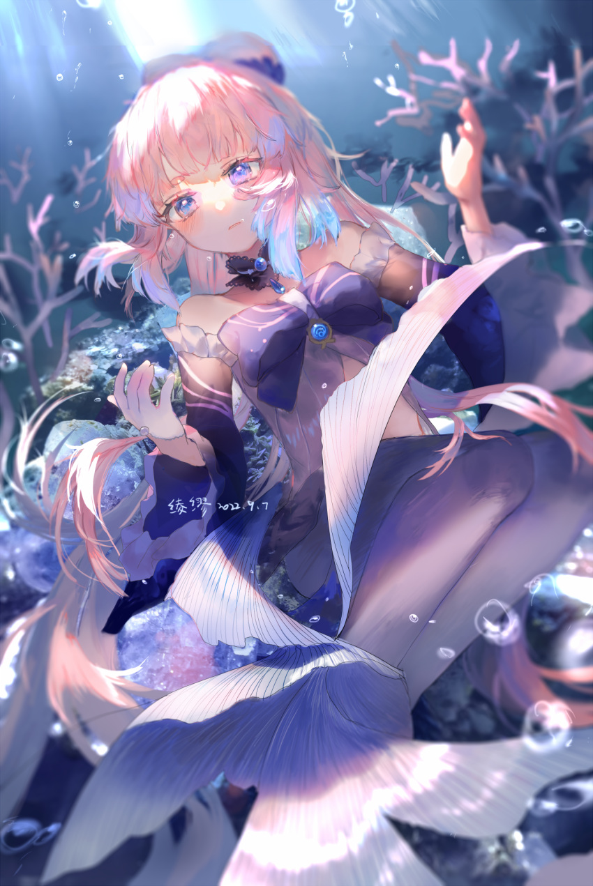 1girl bangs blue_hair brooch bubble colored_tips commentary coral dated detached_collar fins full_body genshin_impact gloves grey_pantyhose hands_up highres jewelry ling_mou long_hair long_sleeves looking_at_viewer multicolored_hair open_mouth pantyhose photo_background pink_hair sangonomiya_kokomi signature single_glove solo symbol-only_commentary underwater very_long_hair vision_(genshin_impact) white_gloves wide_sleeves