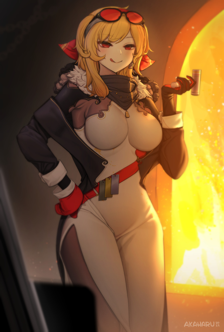 1girl :q absurdres akaharuu artist_name bangs black_gloves blacksmith blonde_hair blush breasts dress english_commentary eyewear_on_head fire furnace gloves hand_on_hip highres holding holding_mallet hololive hololive_indonesia kaela_kovalskia large_breasts looking_at_viewer mallet mallet_(instrument) medium_hair neck_warmer red-tinted_eyewear red_eyes red_gloves side_slit smile solo standing sunglasses taut_clothes taut_dress tinted_eyewear tongue tongue_out two-tone_bodysuit two-tone_gloves virtual_youtuber white_dress