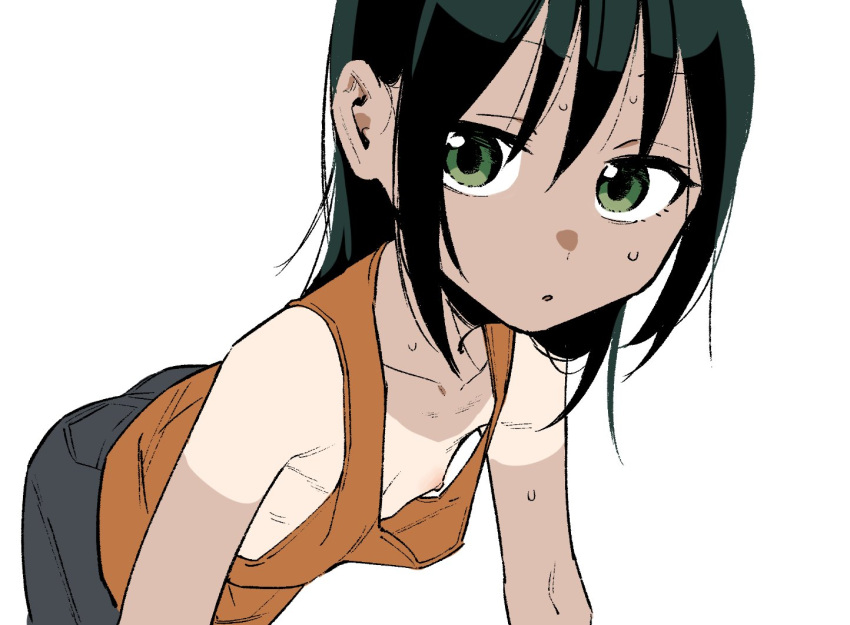 1girl black_hair borrowed_character downblouse flat_chest green_eyes long_hair looking_at_viewer muchi_maro nipples original parted_lips shirt_tan simple_background sketch solo sweat tan tank_top tanlines white_background