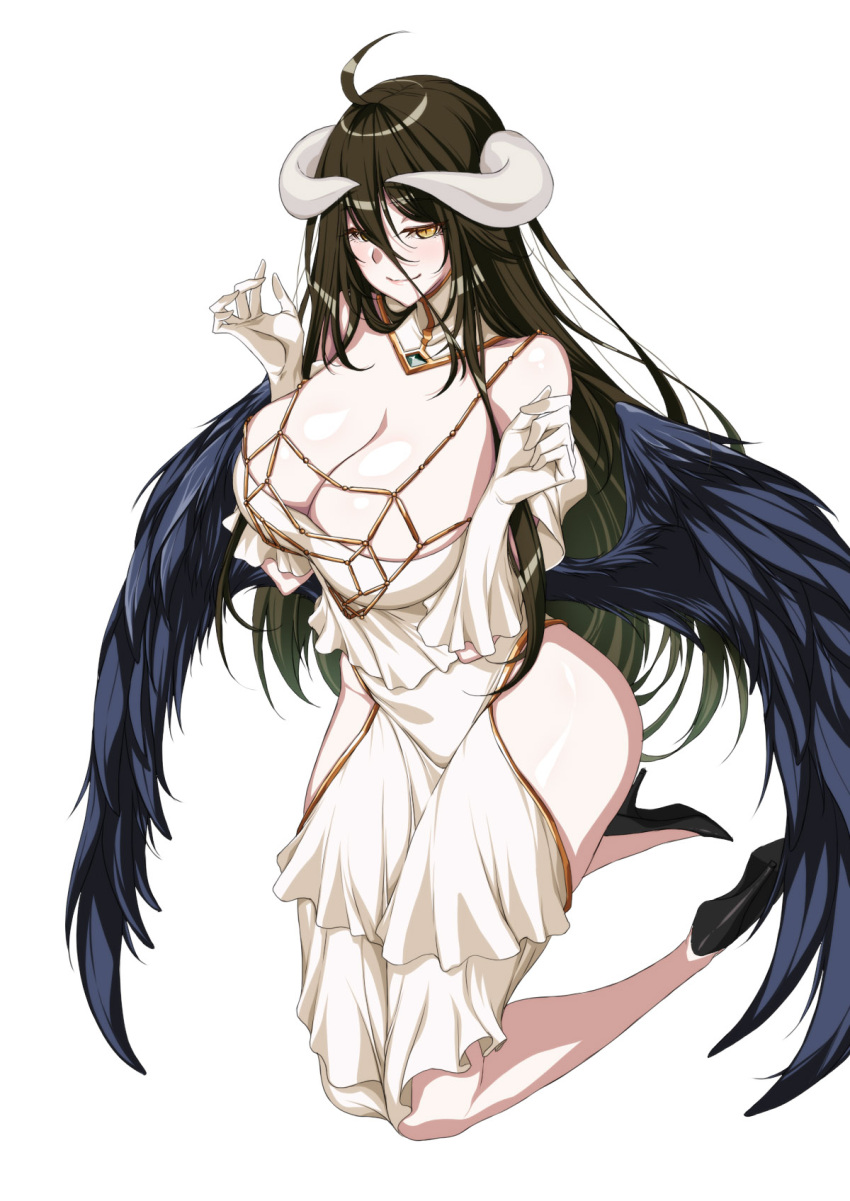 1girl ahoge albedo_(overlord) bare_shoulders black_footwear black_hair breasts cleavage closed_mouth commentary curled_fingers curled_horns demon_girl demon_horns dress feathered_wings frilled_dress frills full_body gloves hair_between_eyes high_heels highres horns huge_breasts kneeling long_hair low_wings overlord_(maruyama) rantia simple_background slit_pupils smile solo strapless strapless_dress thighs white_background white_dress white_gloves wings yellow_eyes