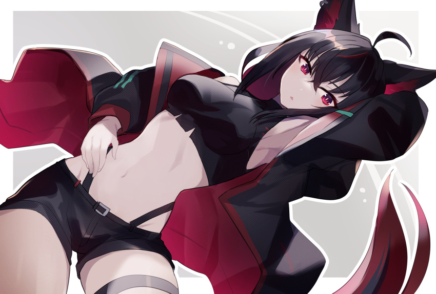 1girl ahoge animal_ears arm_behind_back bangs black_hair breasts crop_top fox_ears fox_girl hair_between_eyes highres hololive jacket kurokami_fubuki long_hair long_sleeves medium_breasts midriff multicolored_tail navel open_clothes open_jacket red_eyes red_hair short_shorts shorts solo stomach tail thigh_strap tomoyohi torn_clothes virtual_youtuber