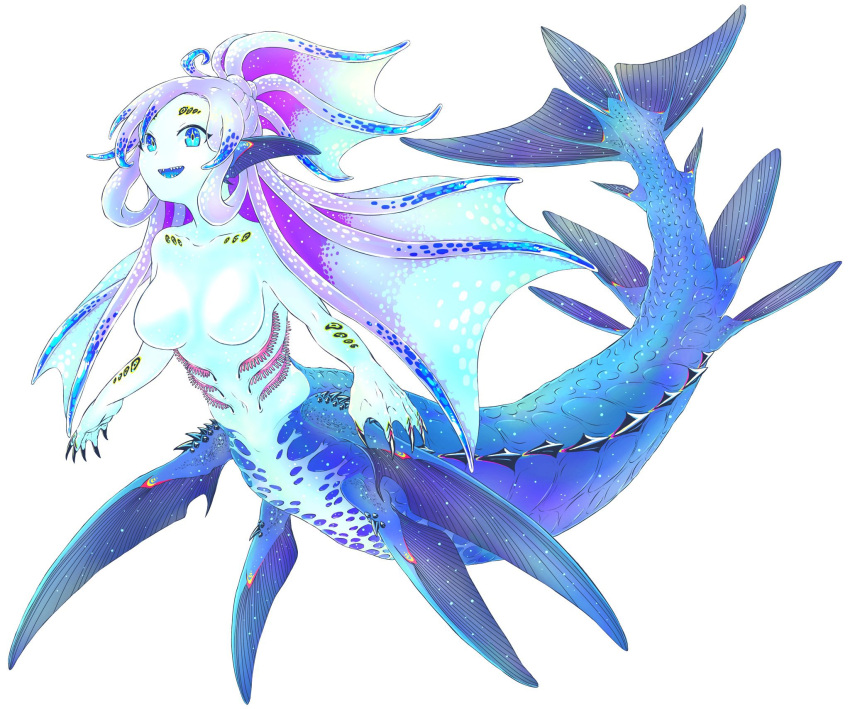 1girl ahoge blue_eyes blue_hair blue_scales blue_skin blue_tongue claws colored_skin colored_tips colored_tongue completely_nude fins full_body gills gradient_hair head_fins highres long_hair looking_at_viewer mermaid monster_girl multicolored_hair nude open_mouth original ponytail purple_hair sharp_teeth simple_background solo tama_go_shi teeth tentacle_hair tentacles webbed_hands white_background