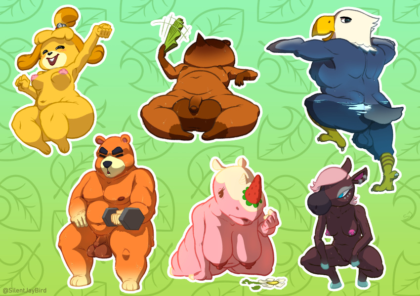 accipitrid accipitriform all_fours animal_crossing anthro apollo_(animal_crossing) avian balls belly big_balls big_breasts bird bodily_fluids breasts butt canid canine dumbbell eagle equid equine exercise female flower genitals group hi_res horse isabelle_(animal_crossing) looking_back male mammal merengue_(animal_crossing) musclegut muscular nintendo nipple_piercing nipples nude overweight penis piercing plant pussy raccoon_dog reneigh_(animal_crossing) rhinocerotoid silentjay sweat tanuki teddy_(animal_crossing) thick_thighs tom_nook_(animal_crossing) ursid video_games weightlifting weights workout