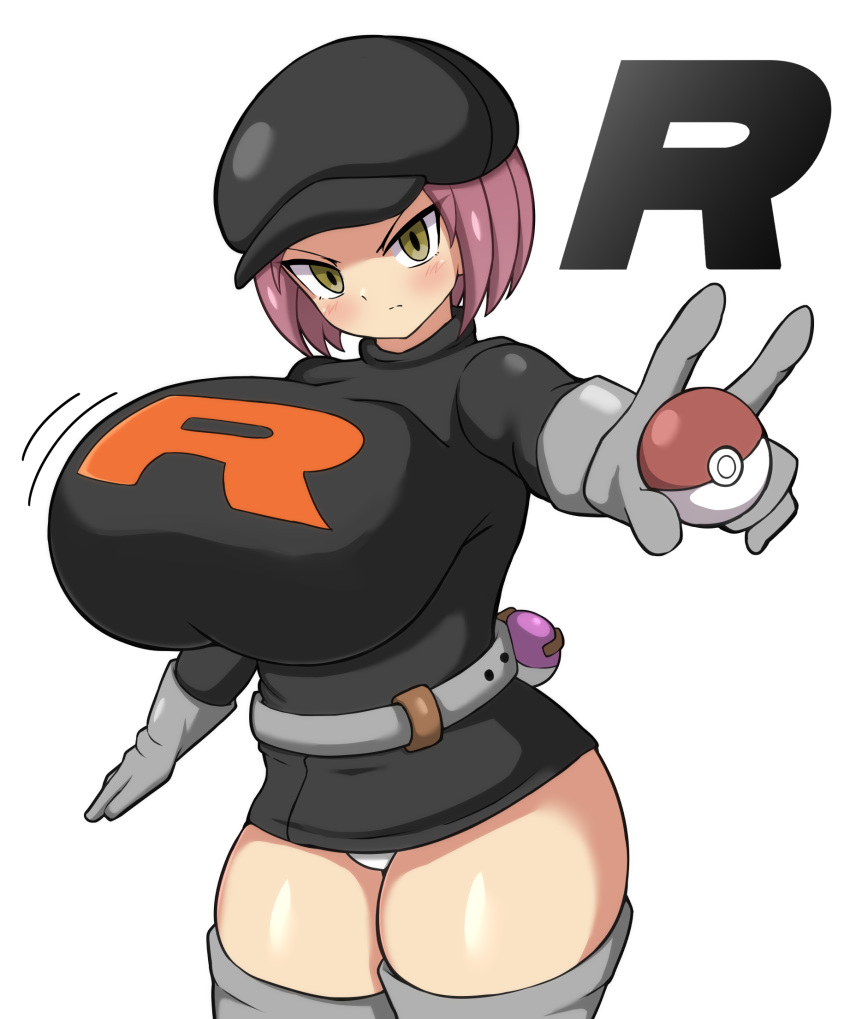 belt black_headwear blush bouncing_breasts breasts dress gloves grey_gloves grey_thighhighs highres huge_breasts impossible_clothes jaga334 large_breasts microdress panties pink_hair poke_ball pokemon single_letter team_rocket team_rocket_grunt team_rocket_uniform thighhighs underwear white_panties