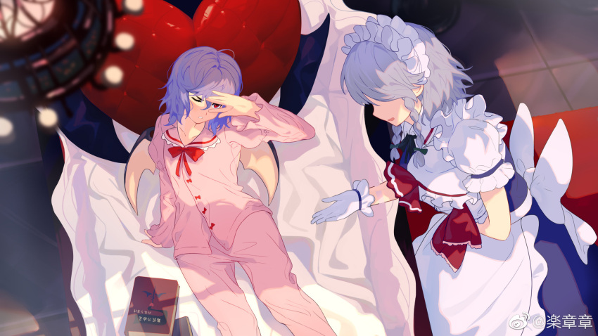 2girls apron back_bow bat_wings bed blue_skirt blue_vest blurry blurry_foreground book bow bowtie breasts coffin collarbone feet_out_of_frame frilled_apron frilled_shirt_collar frilled_sleeves frills from_above gloves grey_hair highres indoors izayoi_sakuya le_zhang_zhang long_sleeves maid maid_headdress medium_hair messy_hair multiple_girls on_bed one_eye_closed open_mouth pajamas pants pink_pajamas pink_pants pink_shirt puffy_short_sleeves puffy_sleeves purple_hair red_bow red_bowtie red_eyes remilia_scarlet shirt short_hair short_sleeves skirt skirt_set small_breasts tile_floor tiles touhou vest waist_apron waking_up weibo_logo weibo_username white_apron white_bow white_gloves white_shirt wings
