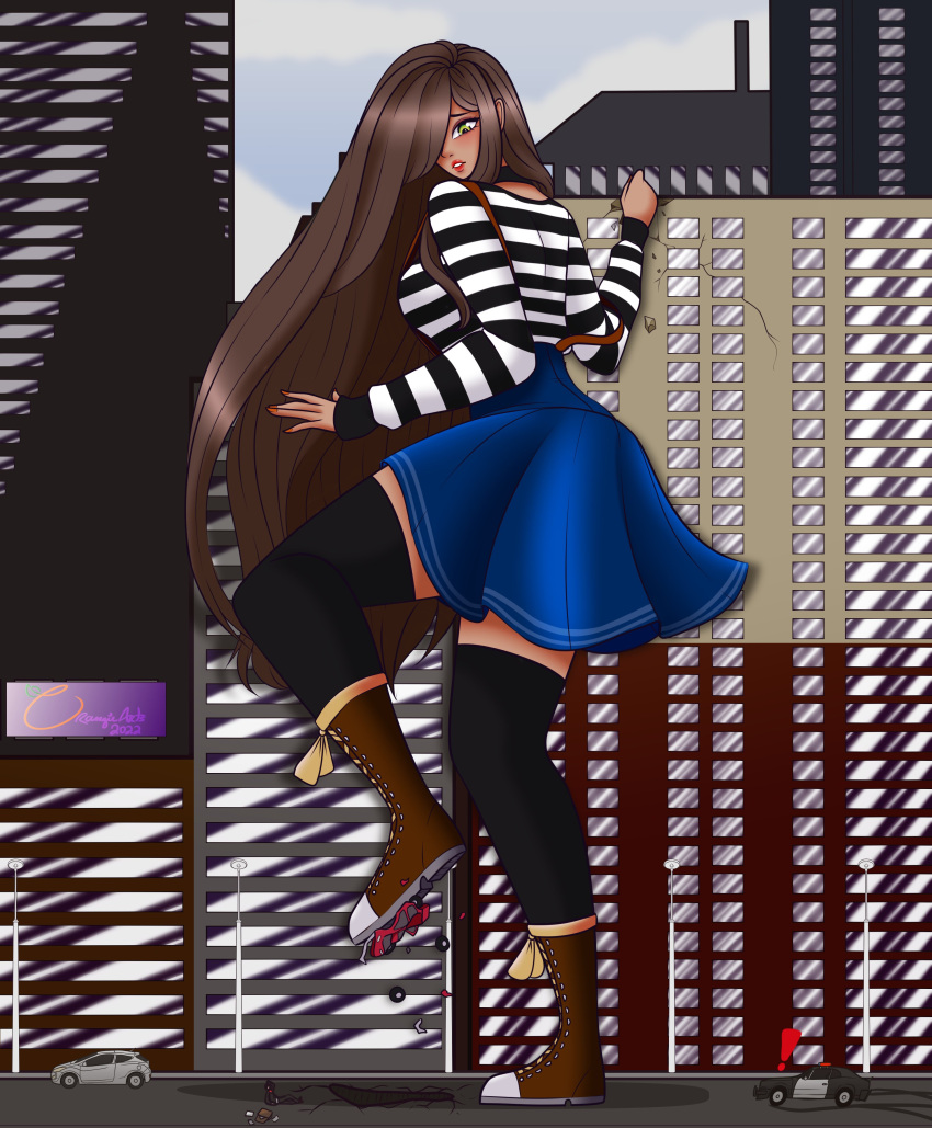 absurdres breasts brown_footwear brown_hair building car cityscape crushed dark_skin day destruction giant giantess green_eyes ground_shatter ground_vehicle highres long_hair medium_breasts motor_vehicle orangiearts police_car shirt size_difference skirt striped striped_shirt suspender_skirt suspenders thighhighs worried
