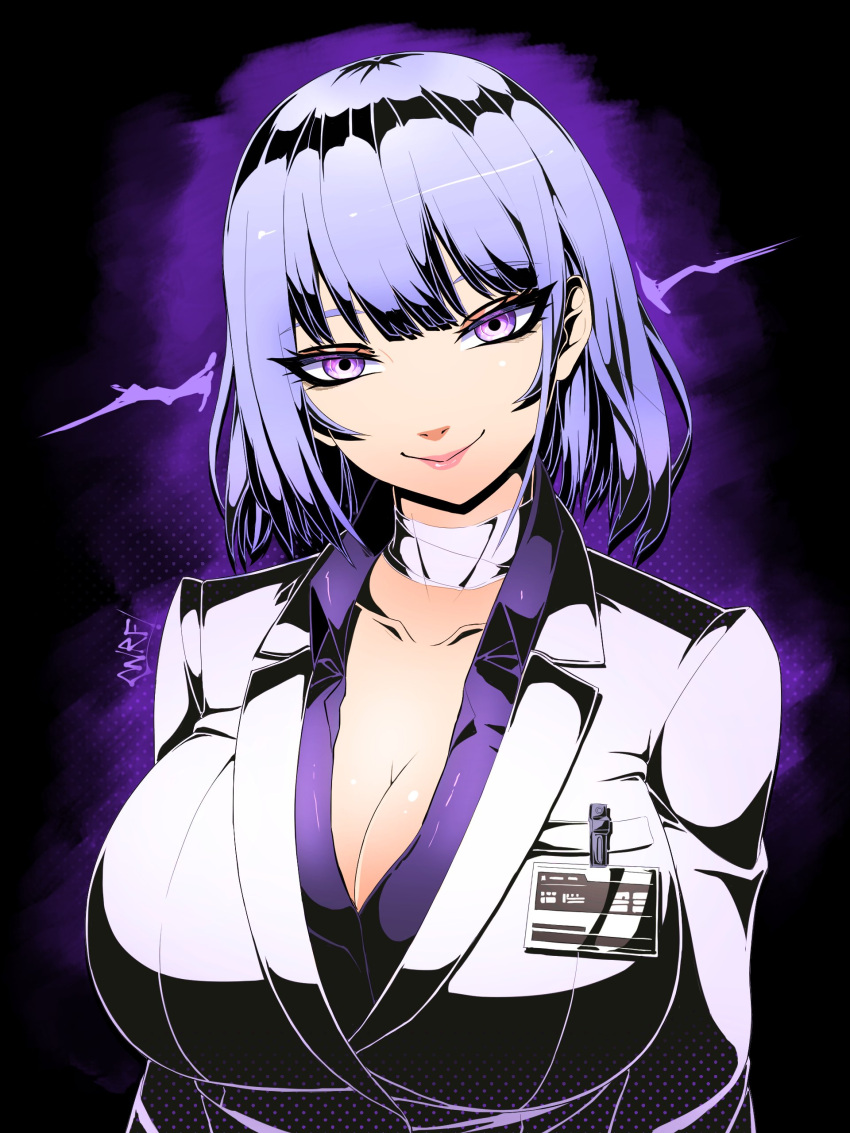 1girl absurdres bangs breasts choker cleavage closed_mouth collarbone collared_shirt english_commentary girls'_frontline gradient gradient_background hair_between_eyes highres id_card jacket large_breasts lipstick looking_at_viewer makeup purple_background purple_eyes purple_hair purple_shirt rpk-16_(girls'_frontline) shiny shiny_hair shiny_skin shirt short_hair smile solo upper_body warfakaid white_choker white_jacket