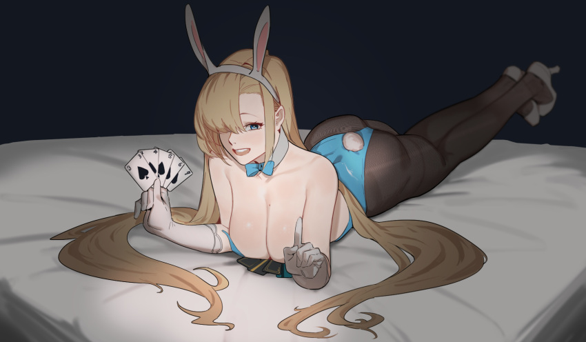 1girl animal_ears asuna_(blue_archive) asuna_(bunny)_(blue_archive) black_background black_pantyhose blonde_hair blue_archive blue_bow blue_bowtie blue_eyes blue_leotard blush bow bowtie breasts card cleavage commentary detached_collar elbow_gloves english_commentary fake_animal_ears fake_tail full_body gloves hair_over_one_eye high_heels highres holding holding_card hong_doo index_finger_raised large_breasts legs_together leotard long_hair looking_at_viewer lying mole mole_on_breast on_bed on_stomach open_mouth pantyhose playboy_bunny playing_card rabbit_ears rabbit_tail smile solo strapless strapless_leotard tail very_long_hair white_footwear white_gloves