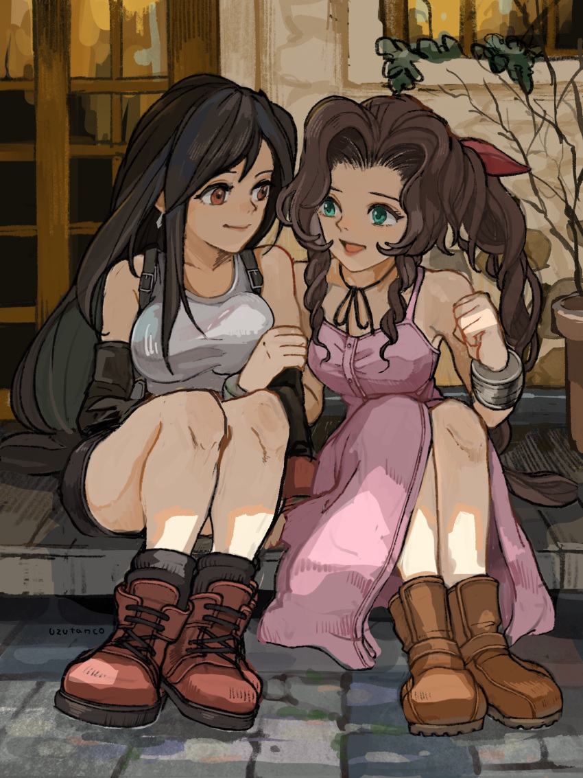 2girls :d aerith_gainsborough bangle bangs bare_shoulders black_gloves black_hair black_skirt boots bracelet braid braided_ponytail breasts brick_floor brown_eyes brown_footwear brown_hair choker closed_mouth commentary_request door dress earrings elbow_gloves final_fantasy final_fantasy_vii front_slit full_body gloves green_eyes hair_ribbon highres holding_another's_arm house jewelry large_breasts long_dress long_hair looking_at_another medium_breasts miniskirt_pirates multiple_girls open_mouth outdoors parted_bangs pink_dress pink_ribbon plant porch potted_plant red_footwear ribbon shadow shirt sidelocks sitting skirt sleeveless sleeveless_dress sleeveless_shirt smile suspenders tifa_lockhart uzutanco white_shirt window
