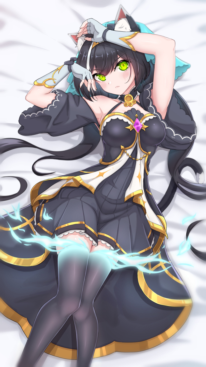 1girl animal_ear_fluff animal_ears arms_up bangs bed_sheet black_collar black_dress black_hair black_thighhighs blush breasts closed_mouth collar detached_sleeves dress feet_out_of_frame gloves green_eyes hair_spread_out highres kamikili karyl_(princess_connect!) long_hair looking_at_viewer lying on_back paw_collar pleated_dress princess_connect! sidelocks solo tail thighhighs v-shaped_eyebrows very_long_hair white_gloves zettai_ryouiki