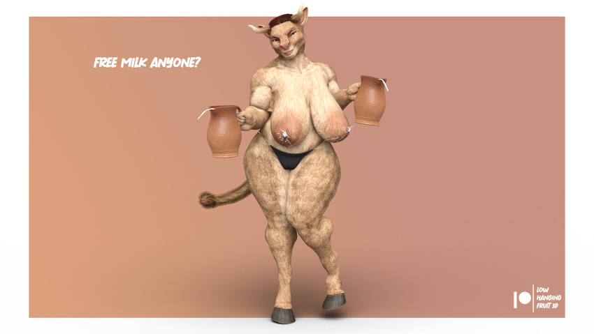 1:1 3d_(artwork) age_difference anthro big_breasts black_clothing black_hooves black_panties black_underwear blue_eyes bodily_fluids bovid bovine breast_milking breasts cattle clothing digital_media_(artwork) english_text female genitals hi_res holding_object hooves horn lactating lowhangingfruit3d mammal mature_anthro mature_female milk nipples panties pussy simple_background size_difference solo text thick_thighs underwear wide_hips