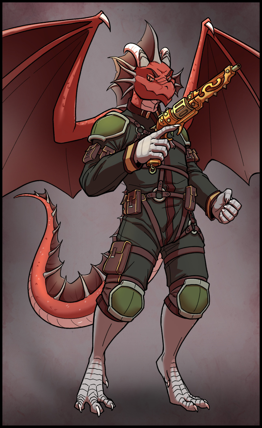 anthro armor clawed_wings claws clothed clothing detailed digitigrade dragon ear_frill frill_(anatomy) gun handgun head_crest head_frill hi_res holding_gun holding_object holding_weapon horn lichfang looking_at_viewer male membrane_(anatomy) membranous_wings pouches pupils ranged_weapon red_body reoxxan revolver shoulder_guards simple_background slit_pupils solo spiked_tail spikes spikes_(anatomy) standing tail_frill toe_claws weapon wings yellow_eyes