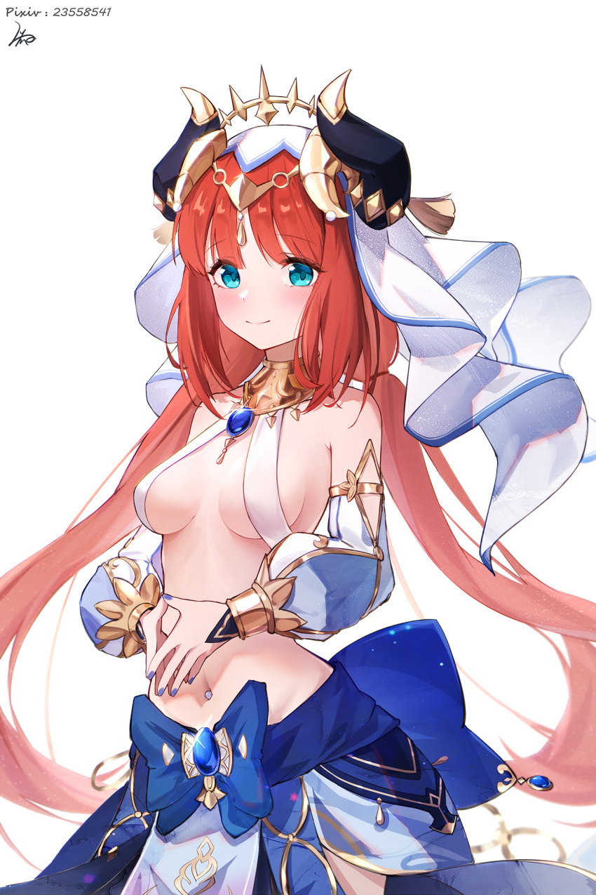 1girl bangs circlet closed_mouth crop_top detached_sleeves forehead_jewel genshin_impact gold_trim highres jewelry long_sleeves looking_at_viewer luma_li neck_ring nilou_(genshin_impact) parted_bangs puffy_long_sleeves puffy_sleeves red_hair skirt smile solo vambraces vision_(genshin_impact)