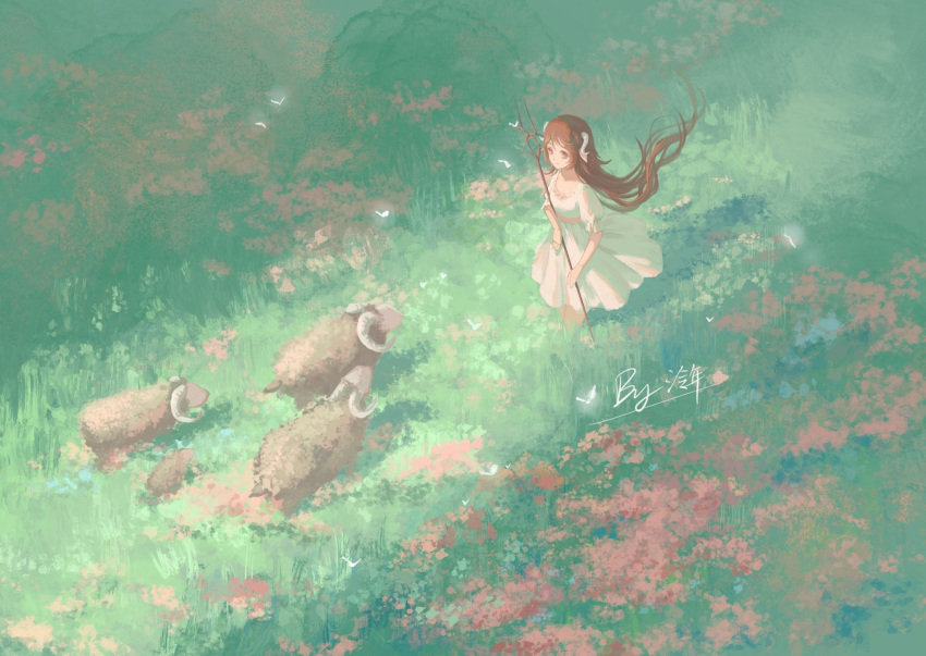1girl alternate_costume animal_ears arknights artist_name brown_eyes brown_hair bug butterfly chinese_commentary closed_mouth commentary dress eyjafjalla_(arknights) field floating_hair flower grass highres holding holding_staff horns lamb ling_nian_dolly long_hair looking_at_animal pink_flower puffy_short_sleeves puffy_sleeves sheep sheep_ears sheep_horns short_sleeves smile solo spring_(season) staff sundress very_long_hair white_butterfly white_dress wide_shot