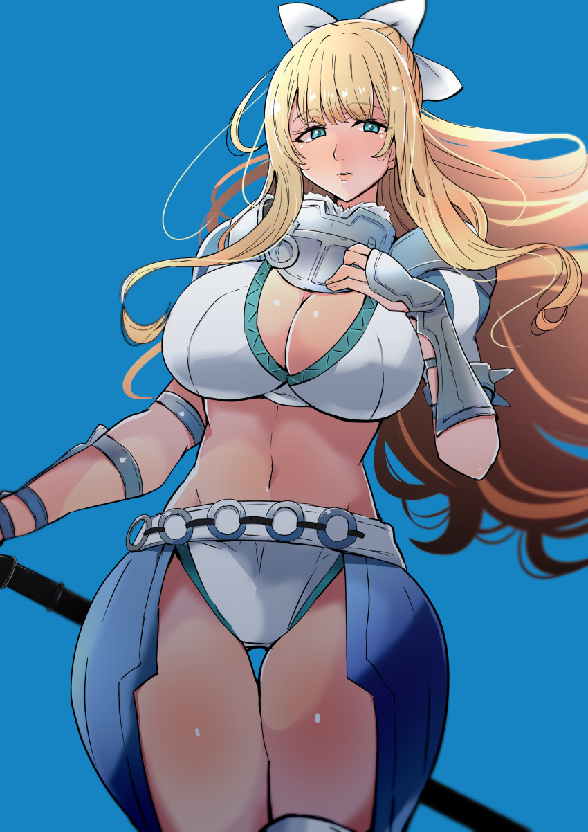1girl absurdres armor ass_visible_through_thighs bikini bikini_armor blonde_hair blue_background blue_eyes blush bow breasts charlotte_(fire_emblem) cleavage closed_mouth commentary cowboy_shot expressionless fire_emblem fire_emblem_fates floating_hair hair_bow hand_on_own_chest highres holding holding_weapon large_breasts lips long28 long_hair looking_at_viewer navel shoulder_armor simple_background solo standing stomach swimsuit thick_thighs thigh_gap thighs vambraces weapon white_bikini white_bow