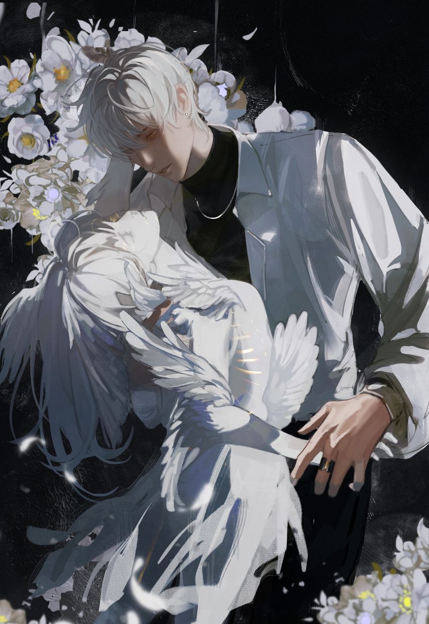 1boy absurdres angel_statue angel_wings black_skirt flower highres jacket jewelry light_and_night_love long_sleeves looking_at_another mercy685 necklace qi_sili ring short_hair skirt solo white_flower white_hair white_jacket wings