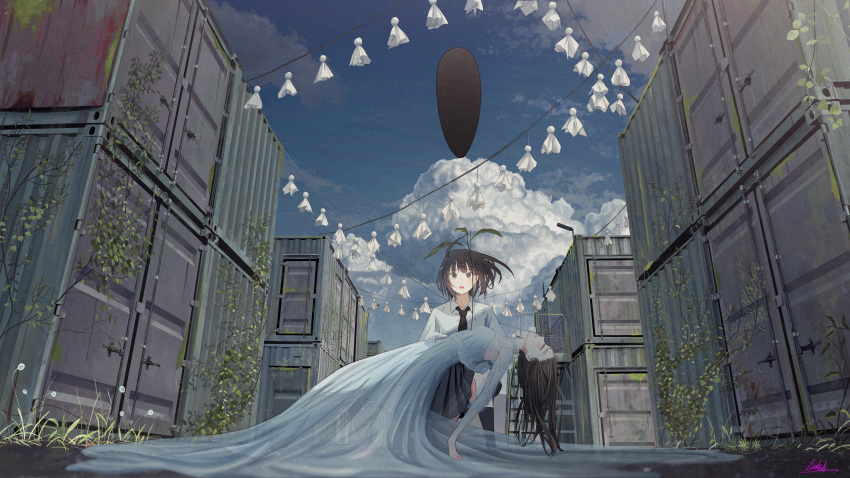 2girls absurdres banishment black_eyes black_hair black_necktie blue_dress blue_sky brown_hair carrying cloud collared_shirt commentary_request container day dress fainted highres holding kneehighs kneeling long_hair multiple_girls necktie original outdoors pleated_skirt revision scenery school_uniform shipping_container shirt short_hair short_sleeves signature skirt sky socks unconscious white_shirt