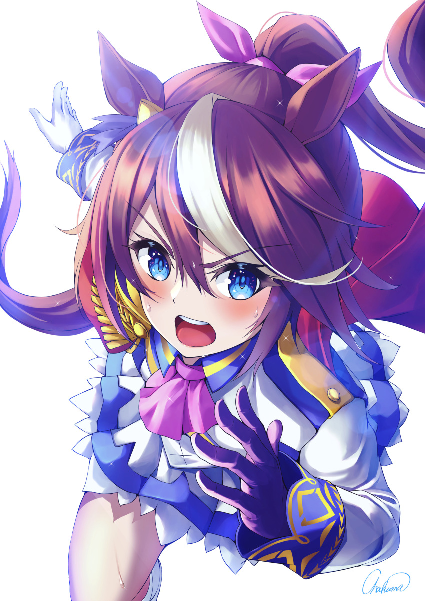 1girl absurdres animal_ears ascot blue_eyes brown_hair buttons cape chakuma_(yiyh1468) double-breasted ear_bow epaulettes frilled hair_between_eyes highres horse_ears horse_girl horse_tail looking_at_viewer multicolored_hair open_mouth pink_ascot pink_hair ponytail red_cape running signature simple_background single_epaulette solo streaked_hair tail tokai_teio_(umamusume) umamusume white_background