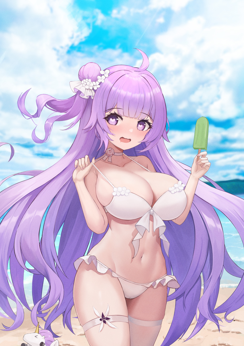 1girl absurdres ahoge azur_lane bangs bare_arms bare_shoulders beach bikini blue_sky blunt_bangs breasts cleavage cloud collarbone cowboy_shot day floating_hair flower food hair_bun hair_flower hair_ornament heart heart-shaped_pupils highres holding holding_food large_breasts long_hair looking_at_viewer lowleg lowleg_bikini navel niballl ocean outdoors popsicle purple_eyes purple_hair single_hair_bun sky smile solo standing stomach stuffed_unicorn summer swimsuit symbol-shaped_pupils thighhighs unicorn_(azur_lane) very_long_hair white_bikini white_flower white_thighhighs