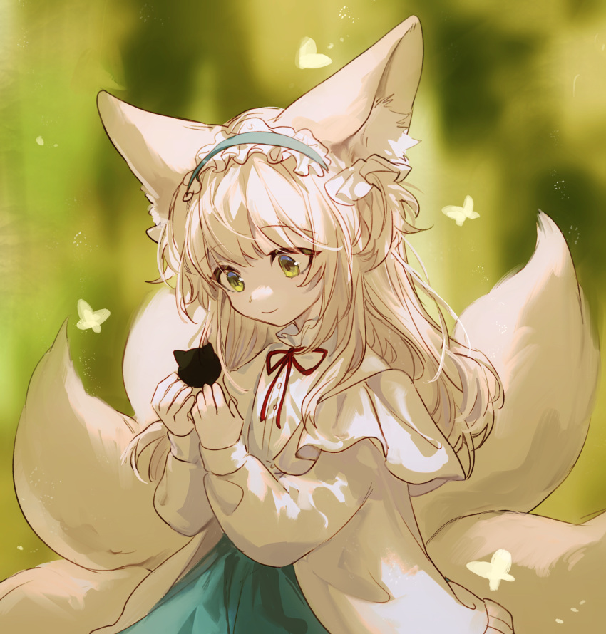 1girl animal animal_ear_fluff animal_ears arknights blonde_hair blue_hairband bug butterfly cardigan cat fox_ears fox_girl fox_tail frilled_hairband frills green_eyes green_skirt hair_down hairband highres holding holding_animal holding_cat kitsune long_hair long_sleeves luoxiaohei multiple_tails neck_ribbon official_alternate_costume open_cardigan open_clothes red_ribbon ribbon shirt skirt smile solo suzuran_(arknights) suzuran_(praise_spring)_(arknights) tail the_legend_of_luo_xiaohei upper_body white_cardigan white_shirt yunluo