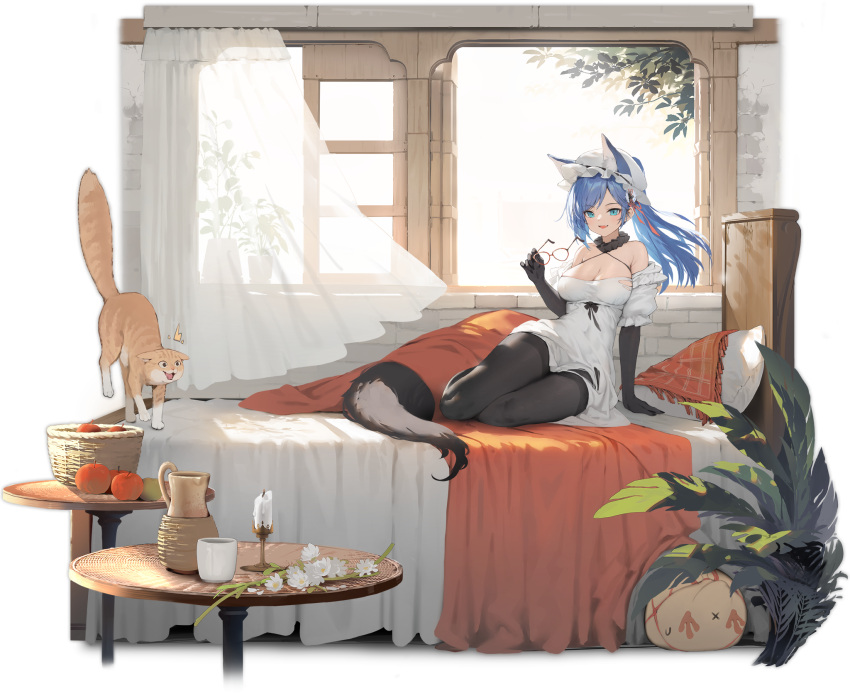 1girl animal_ears aqua_eyes arm_support azur_lane bare_shoulders black_gloves black_pantyhose blue_hair breasts cleavage detached_sleeves dress elbow_gloves eyewear_removed fang fox_ears fox_girl fox_tail glasses gloves hagi_(ame_hagi) hair_ornament hair_ribbon headdress highres holding holding_eyewear indoors jintsuu_(azur_lane) jintsuu_(the_gray_wolf's_ploy)_(azur_lane) large_breasts long_hair official_alternate_costume official_art on_bed open_mouth pantyhose ponytail ribbon sitting solo tail torn_clothes torn_dress transparent_background white_dress yokozuwari