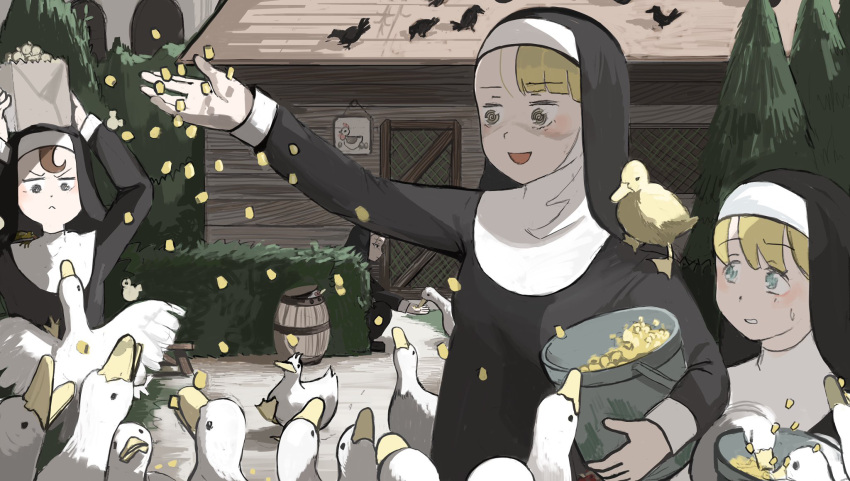 4girls :&lt; :d animal_on_shoulder bag bag_on_head barrel bird blonde_hair blue_eyes brown_eyes brown_hair bucket catholic chicken chicken_coop clumsy_nun_(diva) corn crow diva_(hyxpk) duck duckling feeding food food_on_head frog froggy_nun_(diva) grumpy_nun_(diva) habit hand_up heart hedge highres holding holding_bucket in_container little_nuns_(diva) multiple_girls nun object_on_head on_roof open_mouth paper_bag popcorn rooftop screen_door shaded_face sign smile spicy_nun_(diva) sweatdrop tinted_eyewear tree veil wall wooden_chair wooden_wall yellow_eyes