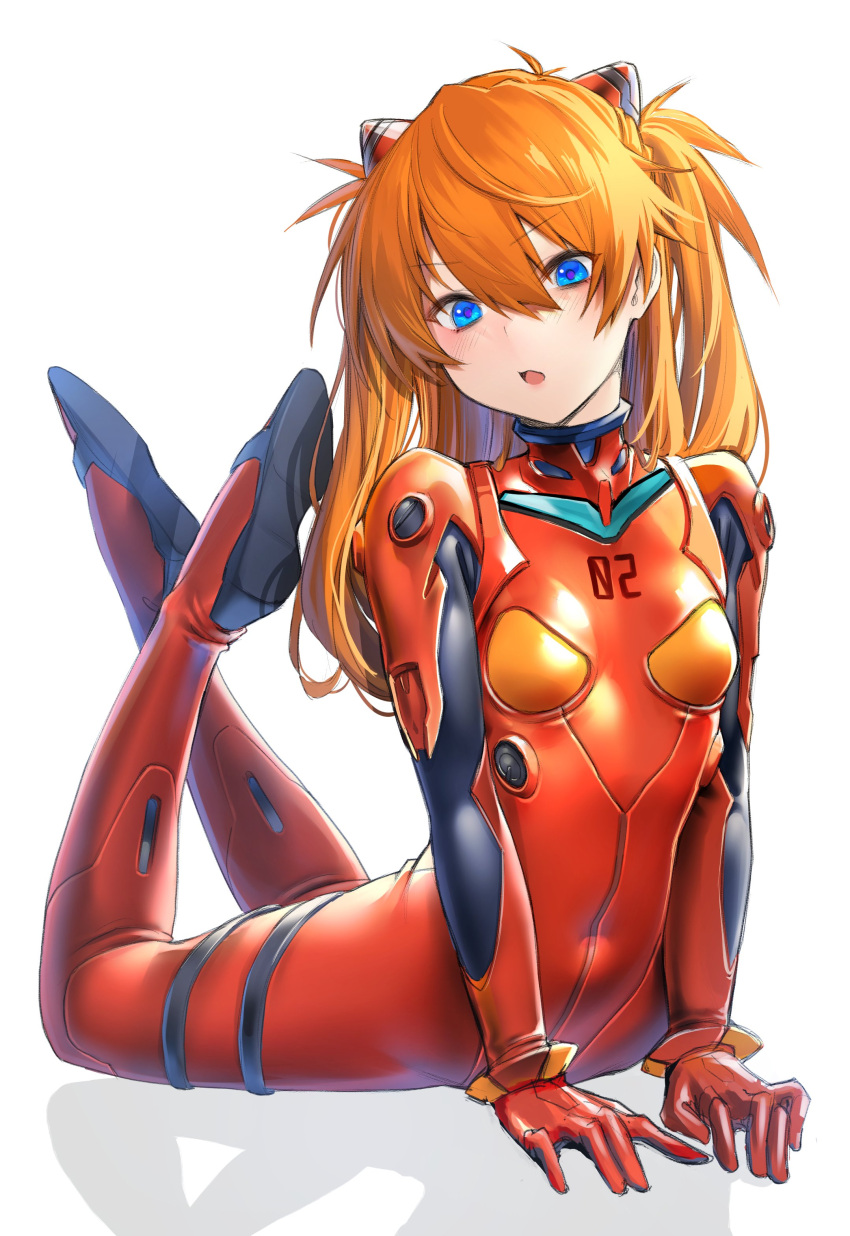 1girl absurdres arched_back bangs blue_hair blush bodysuit breasts covered_navel deluxe&lt;&lt;&lt; headpiece highres long_hair multicolored_bodysuit multicolored_clothes neon_genesis_evangelion open_mouth orange_hair plugsuit solo souryuu_asuka_langley