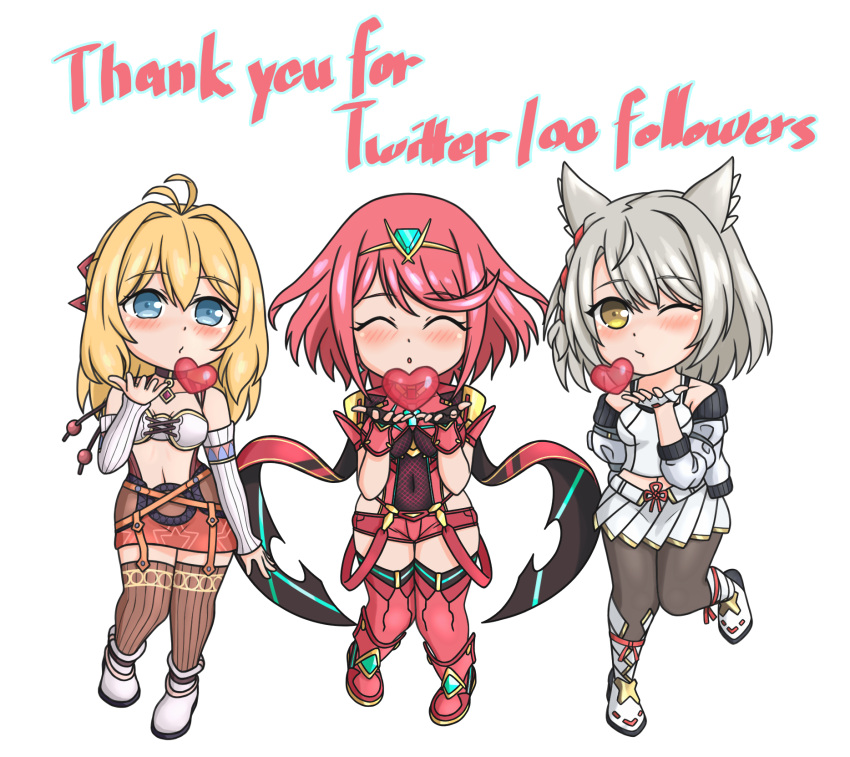 3girls bangs black_gloves blowing_kiss breasts chest_jewel chibi earrings feichu_keju fingerless_gloves fiora_(xenoblade) gloves highres jewelry large_breasts mio_(xenoblade) multiple_girls pyra_(xenoblade) red_eyes red_hair red_shorts short_hair short_shorts shorts swept_bangs thighhighs tiara xenoblade_chronicles_(series) xenoblade_chronicles_1 xenoblade_chronicles_2 xenoblade_chronicles_3