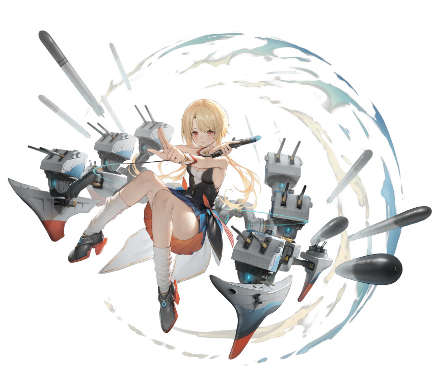 1girl artist_request azur_lane bare_shoulders black_dress black_footwear blonde_hair breasts cannon dress gun highres holding holding_weapon juneau_(azur_lane) kneehighs medium_breasts miniskirt official_alternate_costume official_art red_eyes rigging sidelocks skirt smile socks solo thighs torpedo transparent_background weapon white_socks