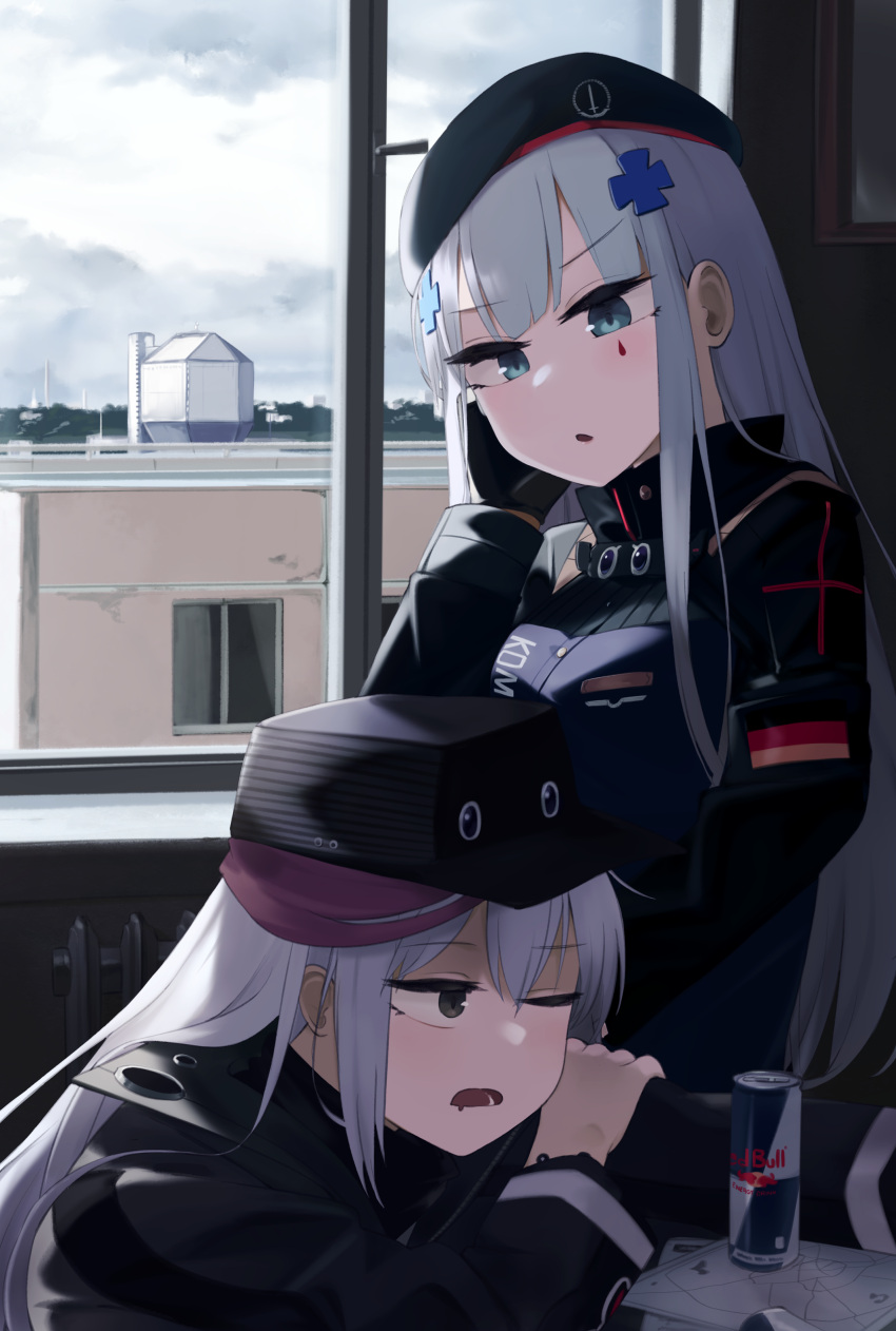 2girls absurdres aqua_eyes bangs beret black_gloves black_headwear blue_hair breasts building cloud cloudy_sky energy_drink g11_(girls'_frontline) german_flag girls'_frontline gloves grey_eyes grey_hair hair_ornament hairclip hand_on_own_cheek hand_on_own_face hat highres hinami047 hk416_(girls'_frontline) light_blue_hair long_hair long_sleeves looking_at_another looking_away medium_breasts multiple_girls one_eye_closed open_mouth red_bull scenery sidelocks sitting sky tactical_clothes teardrop_facial_mark teardrop_tattoo upper_body window