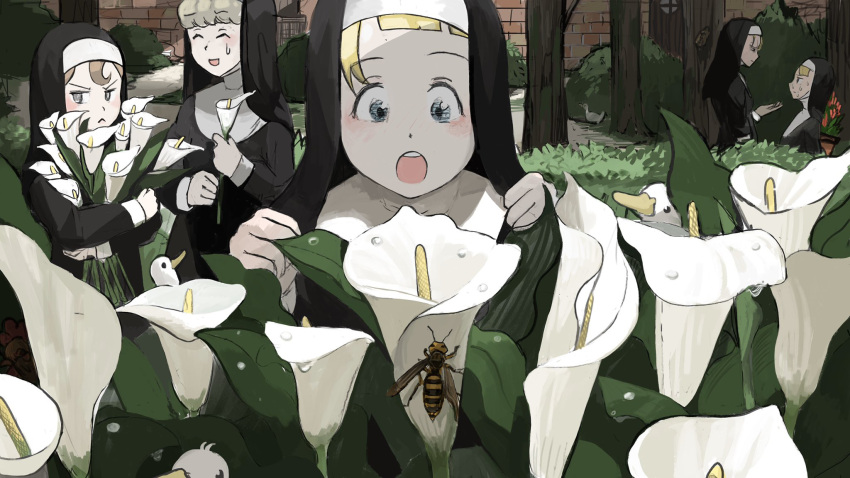 5girls :&lt; :d ^_^ bird blonde_hair blue_eyes blush brick_wall brown_eyes brown_hair bush calla_lily catholic chicken chili_pepper closed_eyes clumsy_nun_(diva) dew_drop diva_(hyxpk) door duck flower froggy_nun_(diva) grumpy_nun_(diva) habit hand_up hiding highres holding holding_flower leaf little_nuns_(diva) multiple_girls nun object_behind_back object_hug open_mouth outstretched_hand paper_airplane plant potted_plant round_teeth sheep_nun_(diva) smile spicy_nun_(diva) sweat sweatdrop sweating_profusely teeth tree veil wall wasp water_drop wooden_door