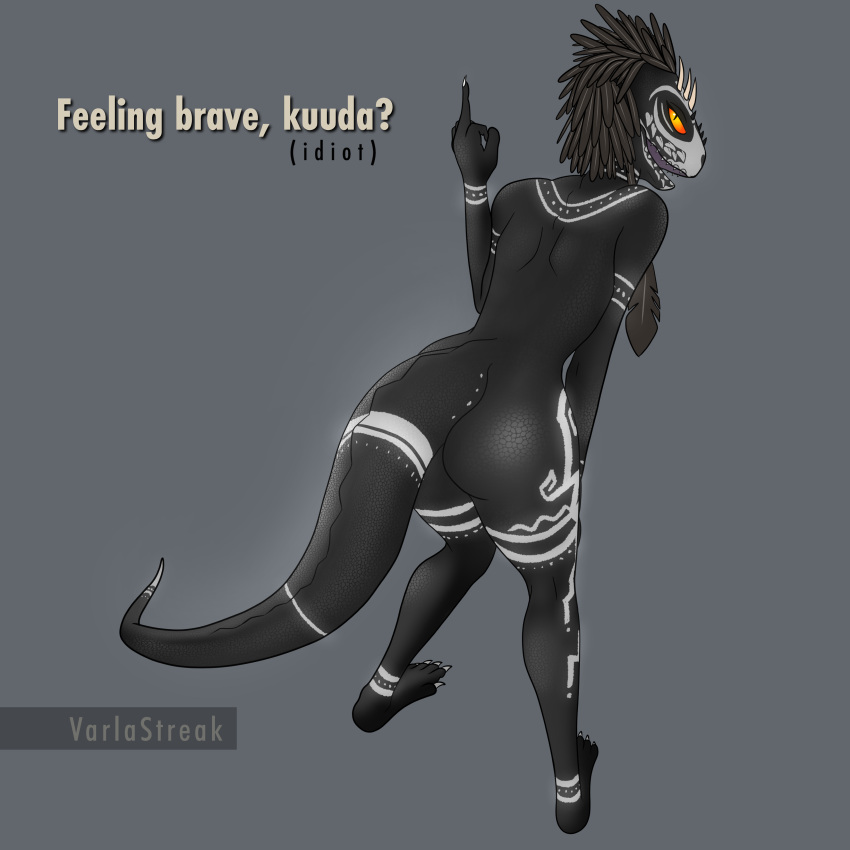 absurd_res anthro argonian athletic bedroom_eyes bent_legs bent_over bethesda_softworks bodypaint butt colored_nails dark_body dialogue face_paint feathers female gesture hand_on_leg hi_res horn knock-kneed middle_finger nails narrowed_eyes open_mouth orange_eyes presenting presenting_hindquarters pupils scales scalie seductive simple_background situth slit_pupils solo taunting teeth the_elder_scrolls tsundere varlastreak video_games