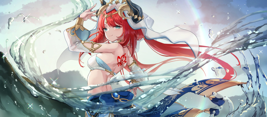 1girl absurdres aqua_eyes back_tattoo bangs bare_shoulders breasts circlet closed_mouth crop_top dancer detached_sleeves floating_hair forehead_jewel genshin_impact gold_trim hand_up highres jewelry long_hair long_sleeves looking_at_viewer low_twintails medium_breasts neck_ring nilou_(genshin_impact) osisio outdoors parted_bangs puffy_long_sleeves puffy_sleeves rainbow red_hair skirt smile solo sparkle tattoo twintails vambraces veil vision_(genshin_impact) water water_drop