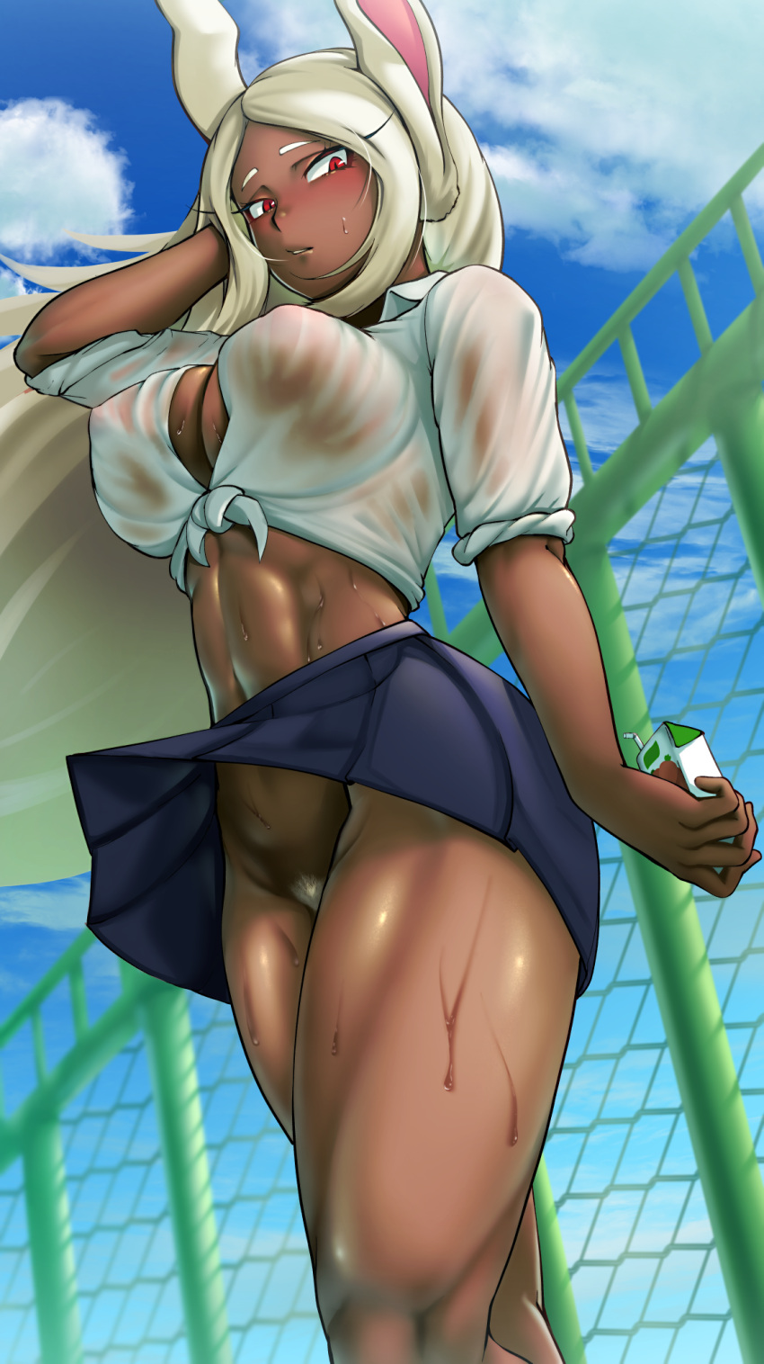 1girl abs animal_ears arm_behind_head bangs bare_legs blue_skirt blush boku_no_hero_academia breasts chain-link_fence cleavage cloud cloudy_sky covered_nipples dark-skinned_female dark_skin drink female_pubic_hair fence hair_blowing highres holding holding_drink juice_box large_breasts long_eyelashes long_hair looking_at_viewer max_(maxlikeapicture) midriff mirko muscular muscular_female navel no_bra no_panties outdoors parted_bangs parted_lips pleated_skirt pubic_hair rabbit_ears rabbit_girl red_eyes see-through see-through_shirt shiny shiny_skin shirt skirt sky sleeves_rolled_up solo sweat thick_thighs thighs tied_shirt toned very_long_hair wet wet_clothes wet_shirt white_hair white_shirt wind wind_lift
