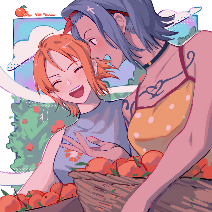 2girls bare_shoulders basket blue_hair blue_sky chest_tattoo choker cloud cloudy_sky earrings food fruit headband highres holding holding_basket jewelry looking_at_another mandarin_orange multiple_girls nami_(one_piece) nojiko one_piece open_mouth orange_hair outdoors short_hair siblings sisters sky sleeveless tattoo towne tree upper_body
