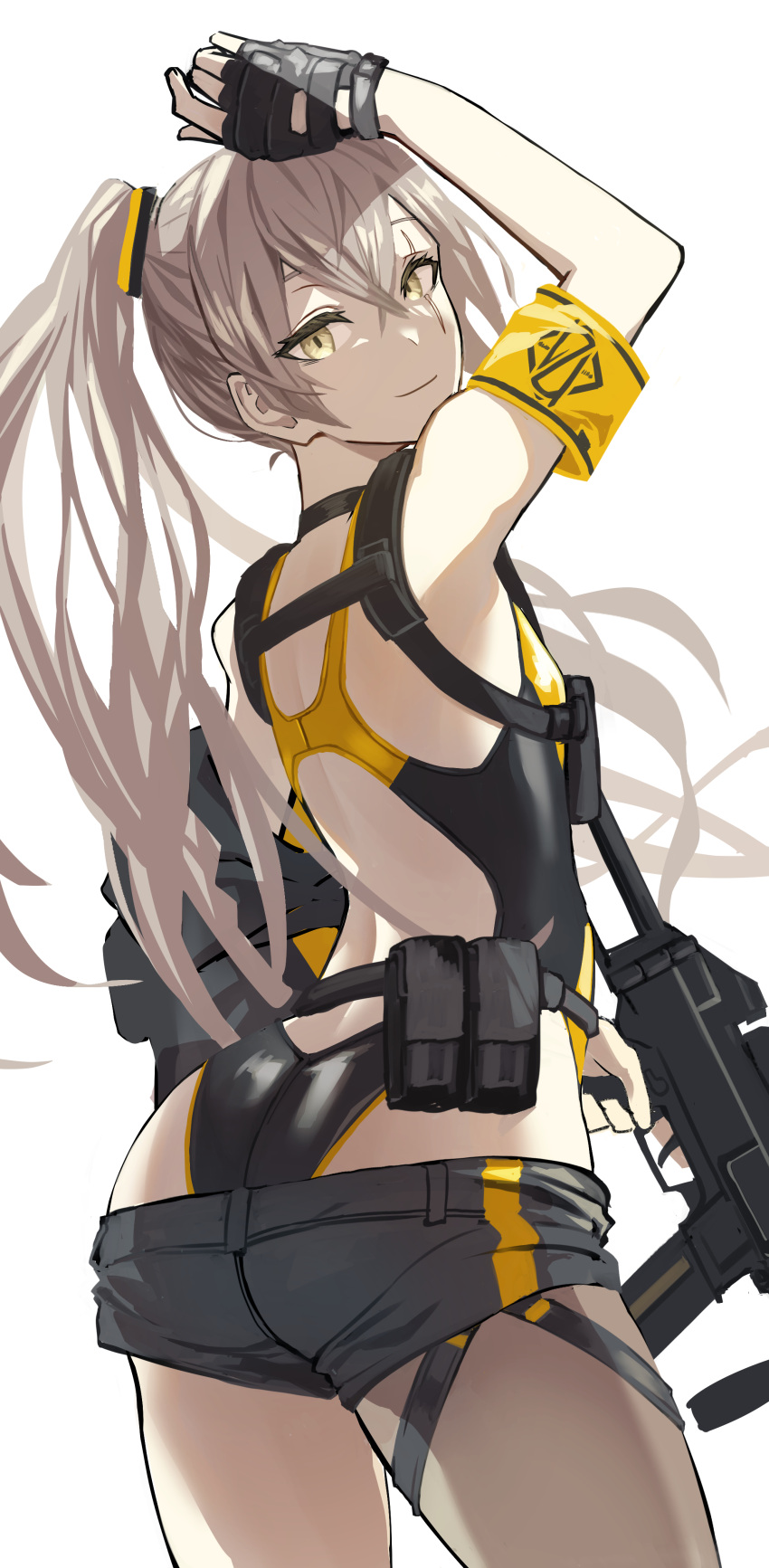 1girl absurdres armband backless_swimsuit brown_hair closed_mouth fingerless_gloves from_behind fujita_(condor) girls'_frontline gloves gun h&amp;k_ump45 hair_tie highres holding holding_gun holding_weapon long_hair looking_at_viewer side_ponytail solo solo_focus standing swimsuit ump45_(girls'_frontline) weapon