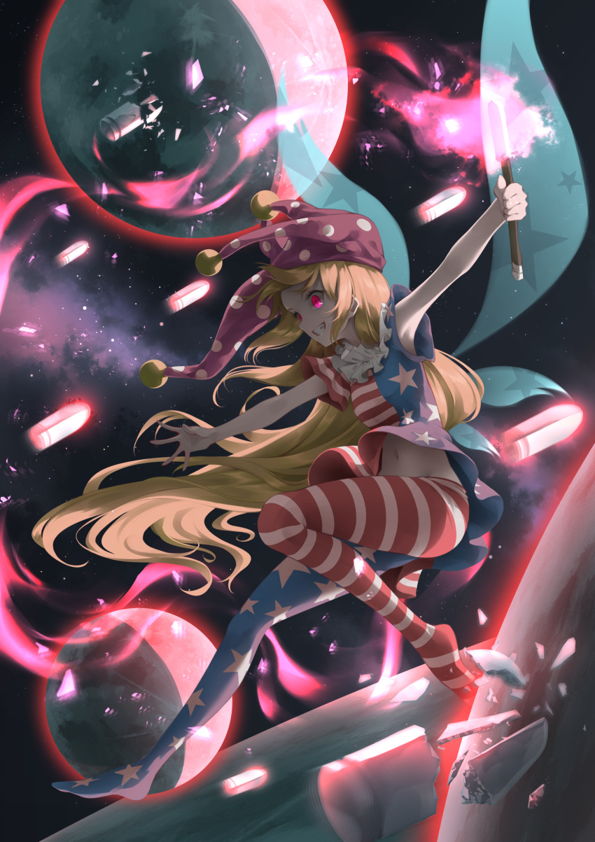 1girl absurdres american_flag_dress american_flag_legwear armpits blonde_hair clownpiece commentary danmaku dress fairy_wings fire floating_hair full_moon hat highres holding jester_cap long_hair midriff moon navel neck_ruff otomeza_ryuseigun pantyhose polka_dot polka_dot_headwear purple_headwear red_eyes short_sleeves smile solo space star_(symbol) star_print striped torch touhou very_long_hair wings