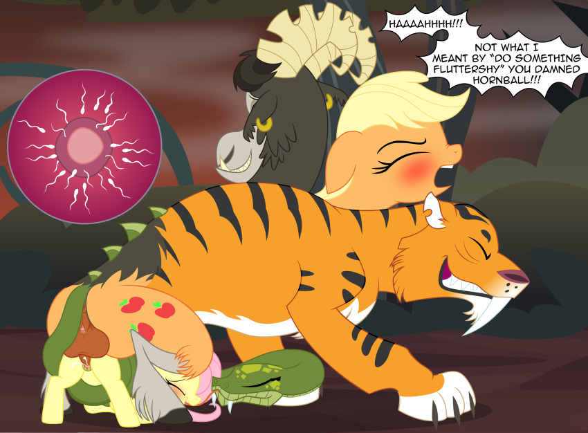 absurd_res anus applejack_(mlp) badumsquish balls bovid caprine chimera fangs felid female fluttershy_(mlp) forest forest_background friendship_is_magic genitals goat hasbro hi_res male male/female mammal my_little_pony nature nature_background ovum pantherine penetration penis plant pussy reptile scalie snake sperm_cell stripes tiger tree vaginal vaginal_penetration