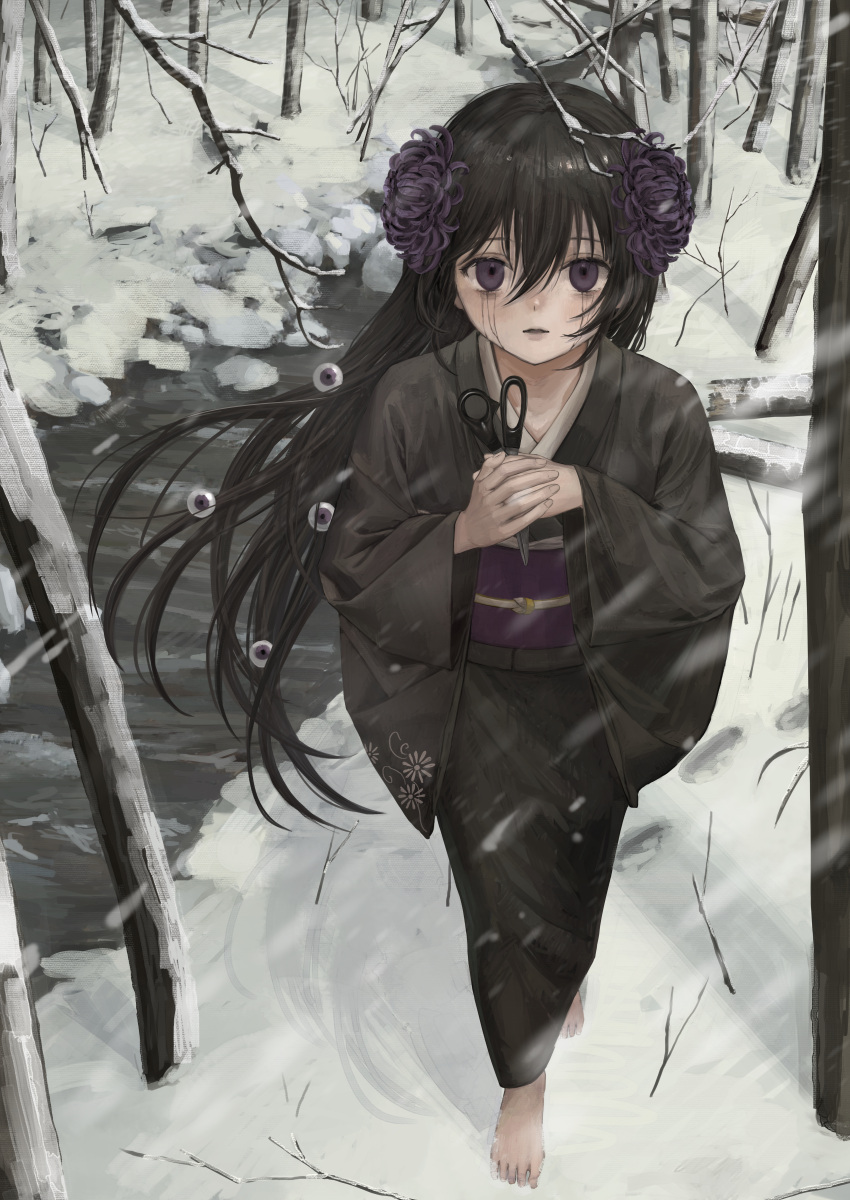 1girl absurdres bangs bare_tree barefoot black_hair black_kimono branch commentary_request commission floating_hair floral_print flower forest full_body hair_between_eyes hair_flower hair_ornament highres holding holding_scissors japanese_clothes kimono long_hair long_sleeves looking_at_viewer namuta nature obi obijime original outdoors own_hands_together parted_lips purple_eyes purple_flower purple_sash runny_makeup sash scissors skeb_commission snow snowing solo standing straight_hair tree very_long_hair walking wide_sleeves wind winter