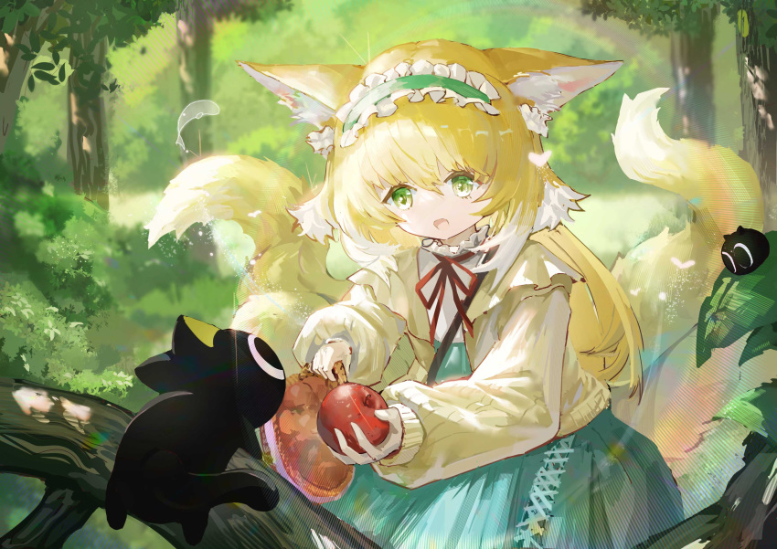 1girl absurdres animal_ear_fluff animal_ears apple arknights basket beifang_youyu black_cat blonde_hair blue_hairband blue_skirt bush cardigan cat chinese_commentary commentary cowboy_shot creature emphasis_lines food forest fox_ears fox_girl fox_tail frilled_hairband frills fruit green_eyes hair_between_eyes hairband heixiu highres holding holding_basket holding_food holding_fruit leaf long_hair long_sleeves looking_at_animal luoxiaohei multiple_tails nature neck_ribbon official_alternate_costume open_cardigan open_clothes open_mouth outdoors red_ribbon ribbon shirt skirt sleeves_past_wrists solo suzuran_(arknights) suzuran_(praise_spring)_(arknights) tail the_legend_of_luo_xiaohei white_shirt yellow_cardigan