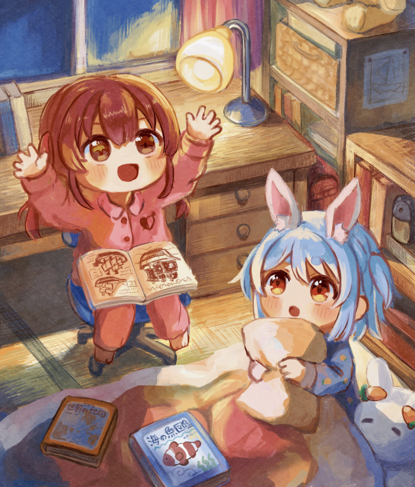 2girls absurdres aged_down animal_ear_fluff animal_ears arms_up bangs bedroom blue_hair book bookshelf chair child desk desk_lamp drawer futon hair_between_eyes heterochromia highres hololive houshou_marine kujirako_(user_wusc5438) lamp long_hair long_sleeves looking_up medium_hair multiple_girls nousagi_(usada_pekora) object_hug office_chair on_floor open_mouth orange_eyes pajamas pink_pajamas rabbit_ears rabbit_girl red_eyes red_hair short_eyebrows sidelocks sitting tatami thick_eyebrows twintails usada_pekora virtual_youtuber yellow_eyes