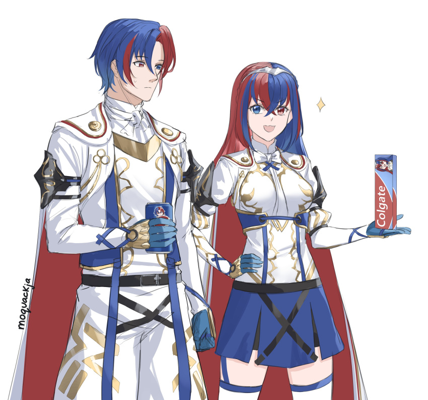 1boy 1girl absurdres alear_(fire_emblem) alear_(fire_emblem)_(female) alear_(fire_emblem)_(male) armor bangs blue_eyes blue_hair blush breasts crossed_bangs dual_persona fire_emblem fire_emblem_engage gloves heterochromia highres jewelry long_hair medium_breasts moja_(rainpoow) multicolored_hair pepsi red_eyes red_hair smile toothpaste two-tone_hair very_long_hair