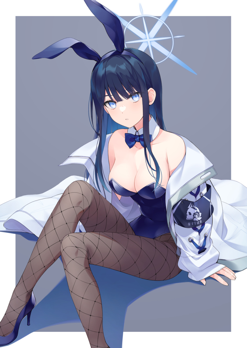 1girl animal_ears arm_support black_hair blue_archive blue_eyes bow bowtie brown_pantyhose coat detached_collar fake_animal_ears fishnet_pantyhose fishnets halo high_heels highres kano_hito leotard long_hair off_shoulder pantyhose playboy_bunny rabbit_ears saori_(blue_archive) sitting solo strapless strapless_leotard traditional_bowtie white_coat wrist_cuffs