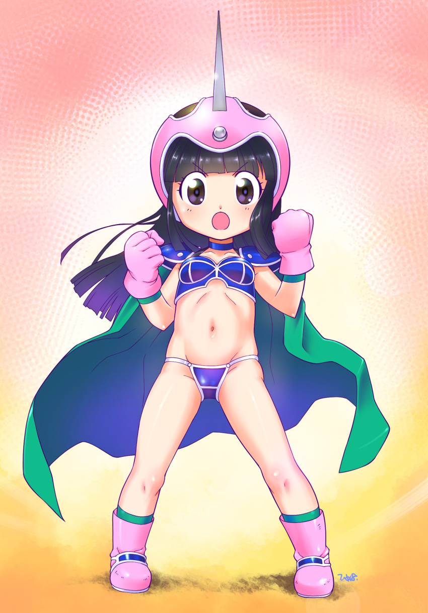 1girl armor arms_up bangs bikini bikini_armor black_eyes black_hair blue_bikini blunt_bangs boots breasts cape chi-chi_(dragon_ball) child clenched_hands dragon_ball dragon_ball_(classic) female_child full_body gloves green_cape green_socks groin helmet highres himewachi legs_apart long_hair looking_at_viewer navel open_mouth pauldrons pink_footwear pink_gloves pink_headwear shoulder_armor small_breasts socks solo standing swimsuit thighs