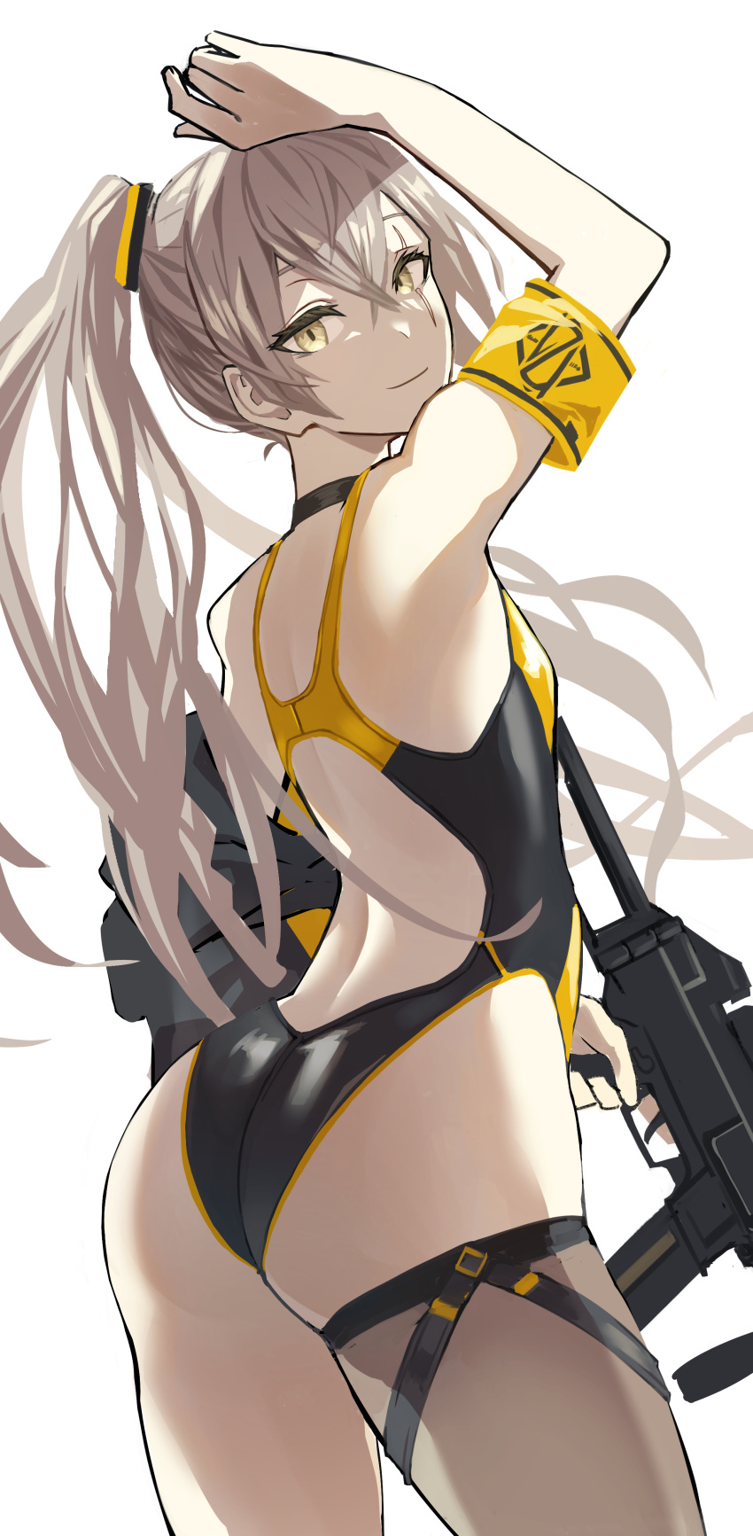 1girl absurdres armband backless_swimsuit brown_hair closed_mouth fingerless_gloves from_behind fujita_(condor) girls'_frontline gloves gun h&amp;k_ump45 hair_tie highres holding holding_gun holding_weapon long_hair looking_at_viewer side_ponytail solo solo_focus standing swimsuit ump45_(girls'_frontline) weapon