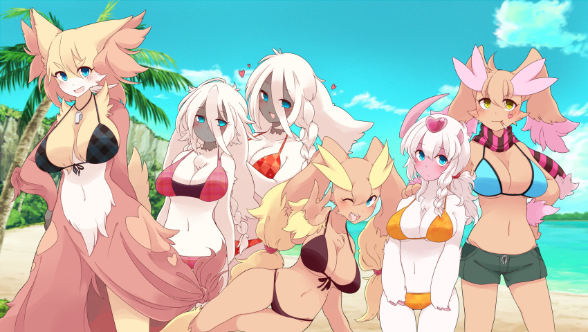 &lt;3 absol anthro big_breasts bikini bikini_top black_bikini_top blue_bikini_top blue_eyes blush braided_hair breasts brown_body brown_fur cigarette clothing cloud delphox female fluffy fluffy_tail fur furfrou generation_3_pokemon generation_4_pokemon generation_6_pokemon group hair heart_(marking) hi_res huge_breasts inner_ear_fluff looking_at_viewer lopunny multicolored_body multicolored_fur navel nintendo open_mouth open_smile oppai_751 orange_bikini orange_clothing orange_swimwear palm_tree plant pokemon pokemon_(species) red_bikini red_body red_fur sand scarf shiny_pokemon sky smile standing swimming_trunks swimwear tongue tongue_out tree tuft video_games water whistle white_body white_fur yellow_body yellow_eyes yellow_fur