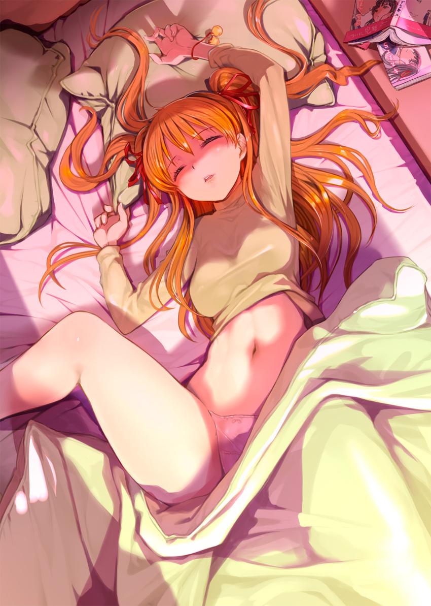 1girl arm_up bangs breasts closed_eyes clothes_lift commission from_above hair_ribbon highres indoors kanon long_hair long_sleeves lying manga_(object) medium_breasts mikazuki_akira! navel on_back on_bed orange_hair panties parted_lips pillow red_ribbon ribbon sawatari_makoto sidelocks skeb_commission sleeping solo stomach sweater sweater_lift thighs twintails underwear white_panties yellow_sweater