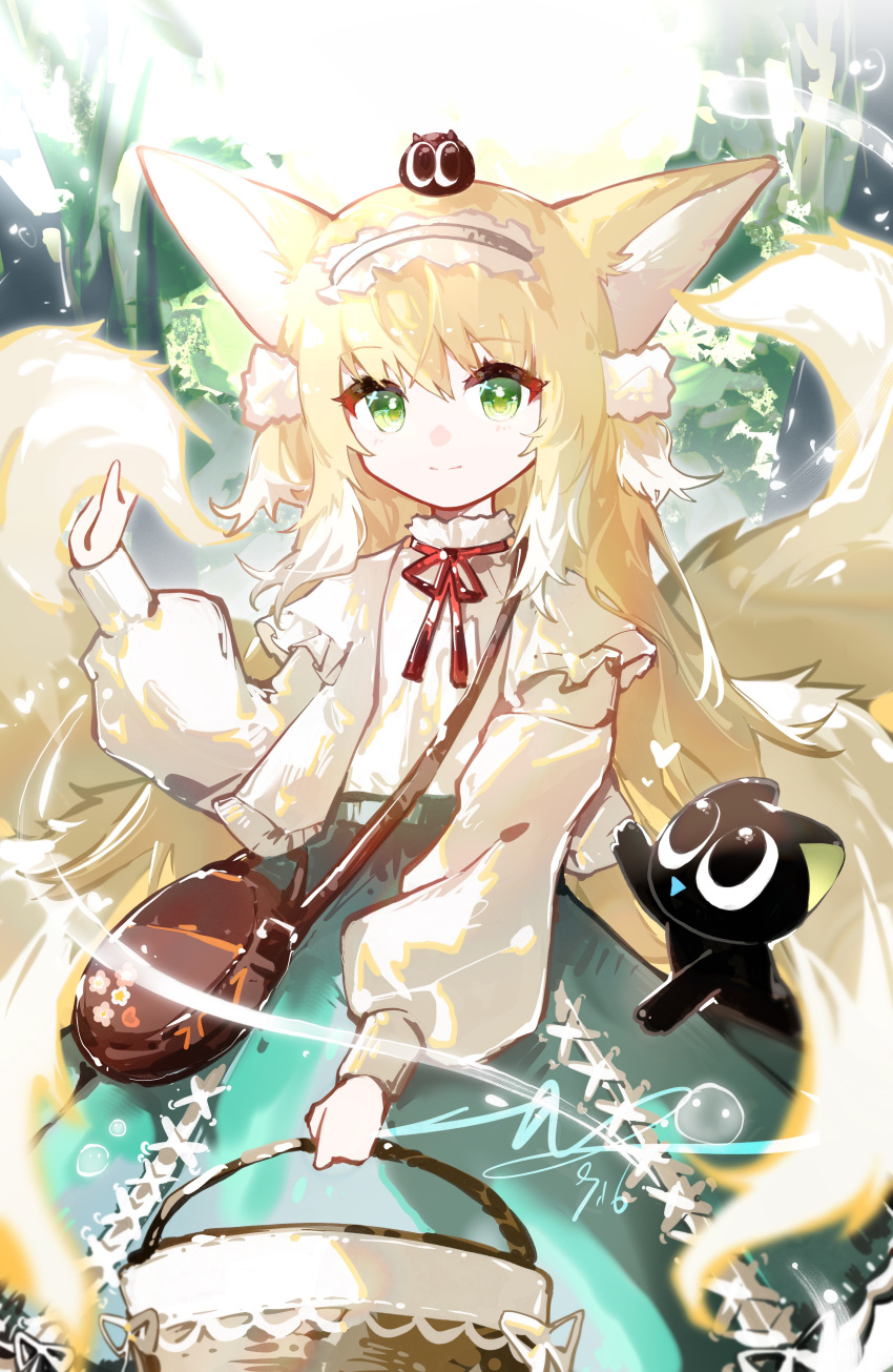 1girl absurdres animal_ears animal_on_head arknights bag basket black_cat blonde_hair brown_bag cardigan cat cat_on_head fox_ears fox_girl fox_tail frilled_hairband frills green_eyes green_skirt hair_down hairband hand_up highres holding holding_basket kitsune long_hair long_sleeves looking_at_viewer luan_teng luoxiaohei multiple_tails neck_ribbon official_alternate_costume on_head open_cardigan open_clothes red_ribbon ribbon satchel shirt shoulder_bag skirt smile solo suzuran_(arknights) suzuran_(praise_spring)_(arknights) tail the_legend_of_luo_xiaohei white_shirt yellow_cardigan