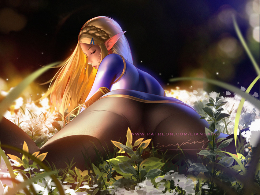 1girl ass blue_dress blush braid brown_pantyhose cameltoe closed_eyes crown_braid dress flower foreshortening liang_xing lips long_hair lying no_panties on_stomach pantyhose parted_lips plant pointy_ears princess_zelda short_dress signature solo the_legend_of_zelda the_legend_of_zelda:_breath_of_the_wild upskirt very_long_hair white_flower