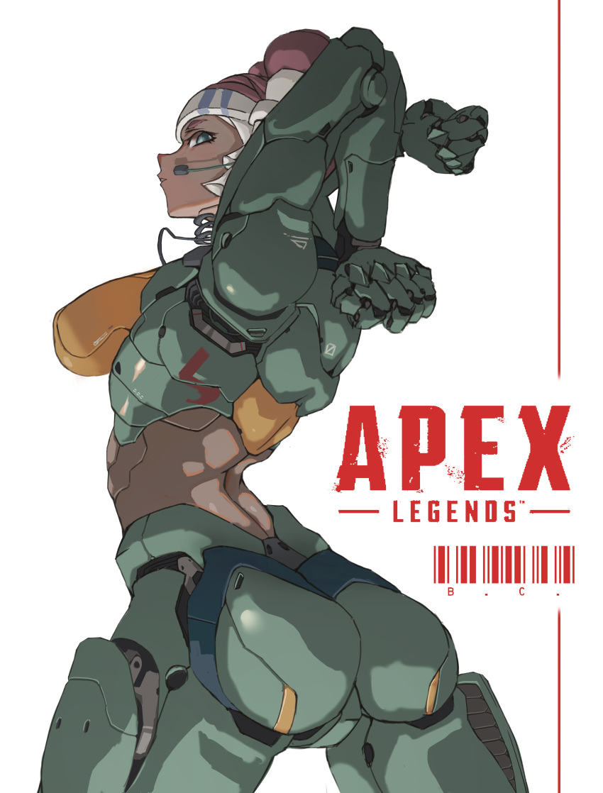 1girl absurdres android animification apex_legends arched_back ass barcode breasts cable clenched_hands copyright_name dark-skinned_female dark_skin double_bun hair_bun headband headset highres large_breasts lifeline_(apex_legends) logo looking_back mechanical_arms mechanical_legs mechanization parted_lips red_hair solo white_background white_headband yangzhe_da_baicai